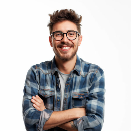 Cheerful young adult with arms crossed wearing glasses and plaid shirt on white background.の素材