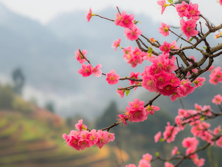 Close-up of vibrant pink sakura flowers with a hazy mountainous backdrop evoking a serene and peaceful atmosphere.の素材