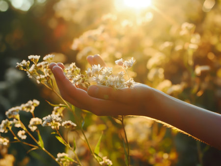 A hand cradling a cluster of white wildflowers, bathed in the warm glow of a setting sun.の素材