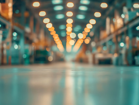 Low angle view of a spacious industrial interior with blurred lights creating a bokeh effect.の素材