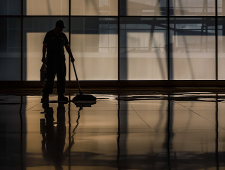 A cleaners silhouette against the luminous windows of a contemporary space.の素材