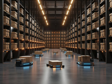 Robotic devices navigating aisle in modern automated storage facility.の素材