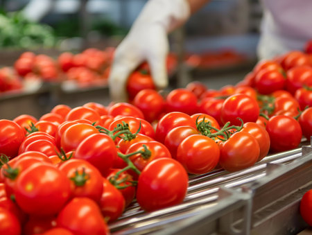 A person selects ripe tomatoes from a market display, highlighting the freshness and choice involved in produce shopping.の素材