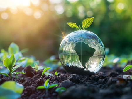 A glass globe with a plant sprouting on top, set amidst fertile soil with a sunlit background, symbolizing environmental preservation and growth.の素材