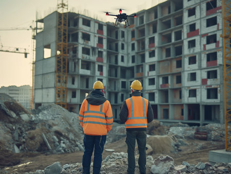 Two construction workers in reflective vests manage a drone with a building complex in the background.の素材
