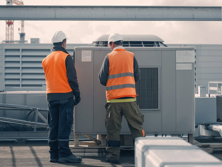 Two technicians in safety vests and helmets examine an outdoor HVAC unit.の素材