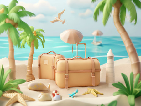 A serene beach setup with luggage, symbolizing travel and holiday getaways. Soft tones evoke relaxation.の素材
