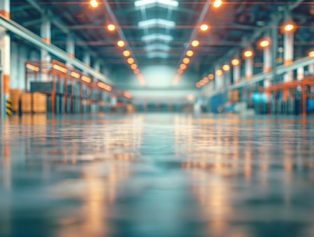 Blurred view of a spacious industrial warehouse with lights and shelves.の素材