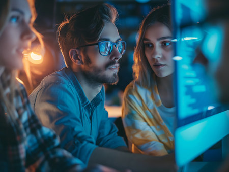 Three young adults engaged in a collaborative task, illuminated by the glow of computer screens in a dark office environment.の素材