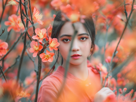A serene woman amidst vibrant orange blossoms conveying peace and natural beauty.の素材