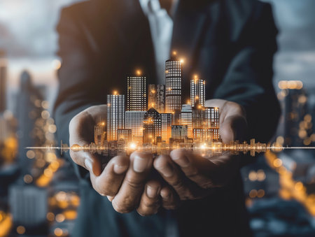 A businessmans hands presenting a luminous cityscape, symbolizing control, planning, or urban development.の素材