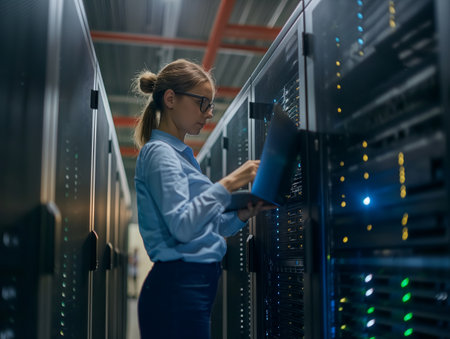 Woman in glasses examines server hardware with clipboard in a network data center.の素材