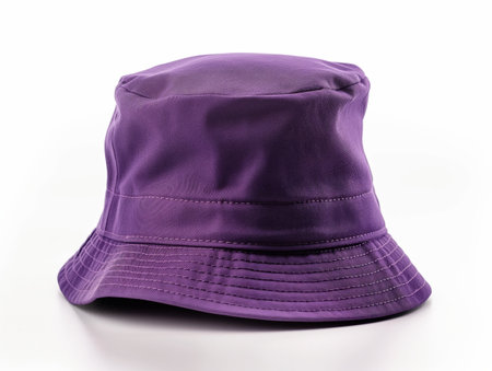 A vibrant purple bucket hat isolated on a white backdrop, emphasizing simplicity and fashion accessory.の素材