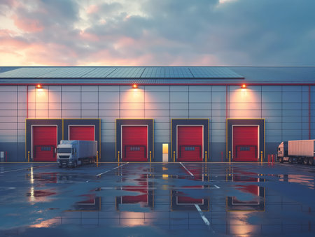 Commercial warehouse with red loading doors and trucks under a colorful sunset sky, reflecting on wet ground.の素材