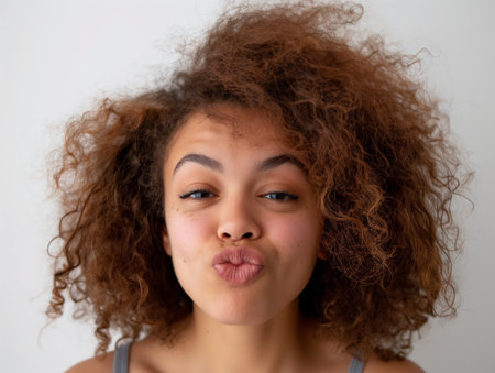 A woman with curly hair blows a kiss to the camera, expressing a fun and flirty vibe.の素材