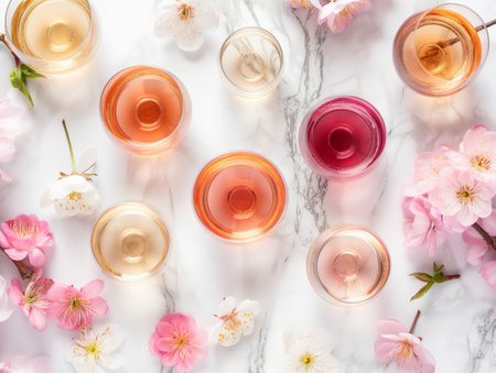 Top view of various wine glasses surrounded by delicate spring flowers on a marble background, symbolizing a refined tasting eventの素材