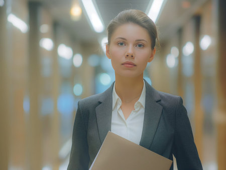 Young professional woman holding documents, exuding confidence in a modern office setting.の素材