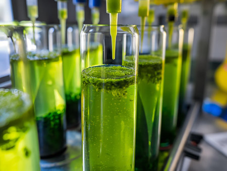 Close-up of vibrant green algae cultures in test tubes, symbolizing biofuel research and biotechnology.の素材
