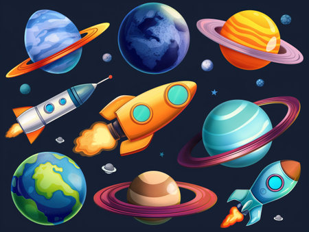 Vibrant illustration of rockets and planets depicting an exciting journey through space.の素材