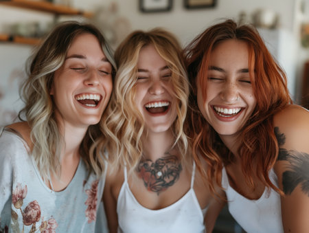 Three young women laughing together, showcasing friendship and happiness.の素材