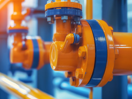 A close-up shot of vibrant orange and blue industrial pipeline connectors and valves with a blurred background.の素材