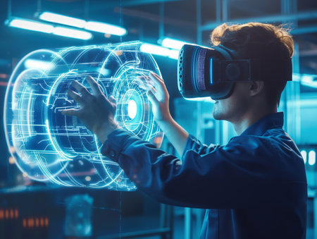 A person in VR gear manipulates a complex holographic projection with their hands in a high-tech environment.の素材