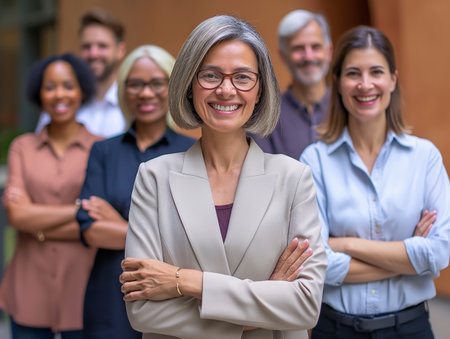 A diverse group of confident professionals standing together, with a smiling woman in the foreground symbolizing leadership and teamwork.の素材