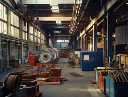 Spacious factory floor with heavy machinery parts and coils.の素材