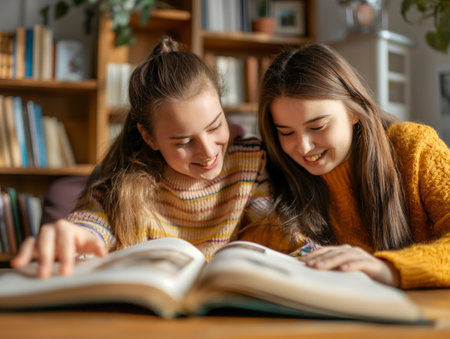 Two young women sharing a book, laughing and enjoying each others company in a cozy home environment.の素材