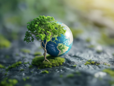 A tree grows from a globe, symbolizing eco-friendly practices and sustainability.の素材