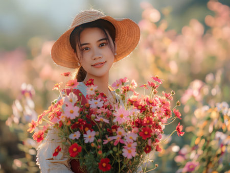 A young woman with a straw hat holding a bouquet in a vibrant flower field at golden hour.の素材
