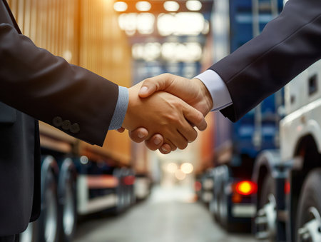 Close-up of a firm handshake between two professionals in suits, with freight trucks in the background.の素材