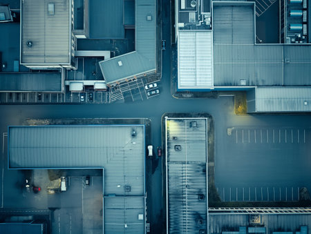 Overhead view of industrial buildings and parking lots in cool blue tones, suggesting early morning or twilight serenity.の素材