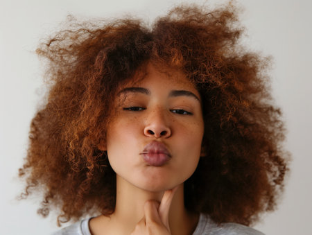 Young woman with curly hair puckering lips for a playful kiss, expressing fun and flirtation.の素材