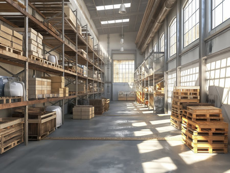 Light streams into an organized warehouse with shelves, boxes, and pallets.の素材