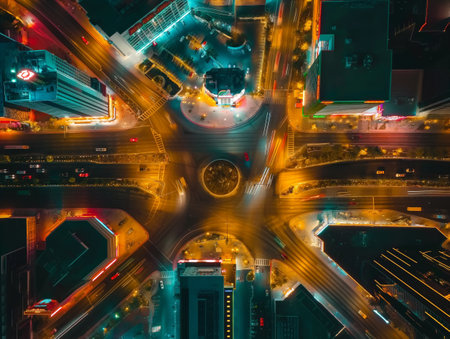 Aerial view of city intersections and roads illuminated by light trails from moving vehicles at night.の素材
