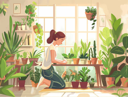 A tranquil scene of a woman lovingly caring for various houseplants in a sunlit room filled with greenery.の素材