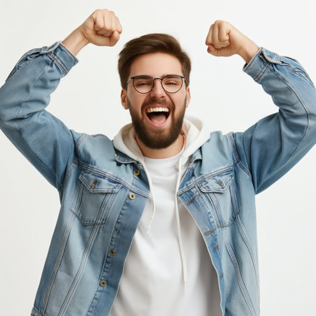 Excited young male in casual denim jacket, raising arms in victory gesture, happy facial expression.の素材