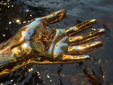 A colorful iridescent hand extended over reflective water surface illuminated by sunlight.の素材