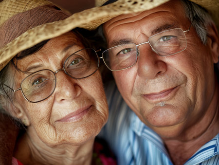 A close-up of an elderly couple wearing glasses and hats, showing loving bond and happiness.の素材