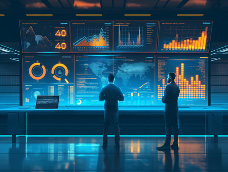 Two professionals monitor advanced data analytics on large screens in a high-tech control room.の素材