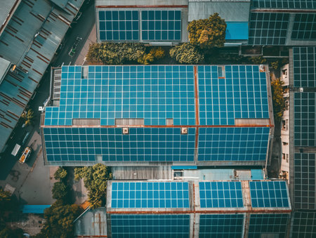 An overhead shot of rows of solar panels installed on the roofs of industrial buildings.の素材