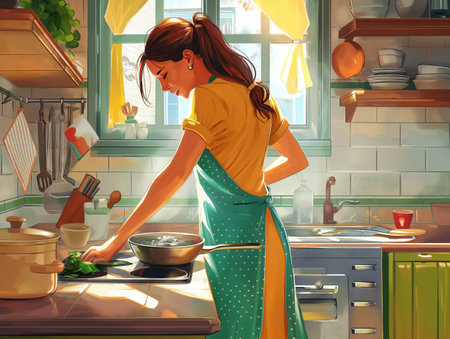A woman is enjoying cooking in a sunlit, homely kitchen filled with cooking utensils and fresh ingredients.の素材