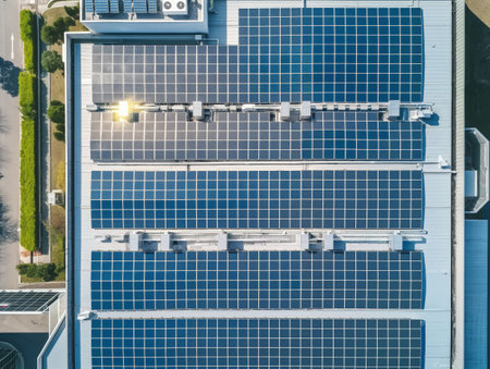 Aerial view of solar panels on a warehouse, representing renewable energy and sustainability.の素材