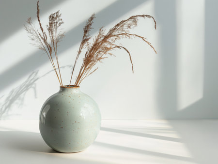 Minimalist composition of a vase with dried pampas grass casting soft shadows on a white surface in natural light.の素材