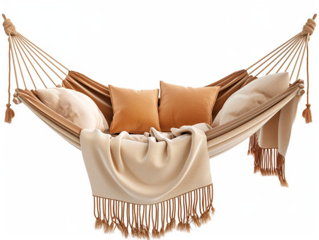 A comfortable hammock adorned with pillows and a warm throw, isolated on white for a tranquil scene.の素材