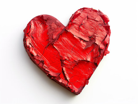 A textured red heart with cracks and fissures symbolizes emotional pain or broken love.の素材