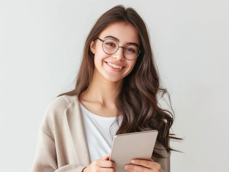 Positive young female with glasses holding a digital tablet, looking cheerful and content.の素材