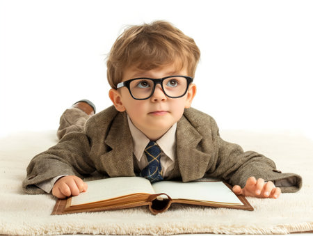 Cute boy in glasses and suit lying on floor with open book, looking up thoughtfully.の素材