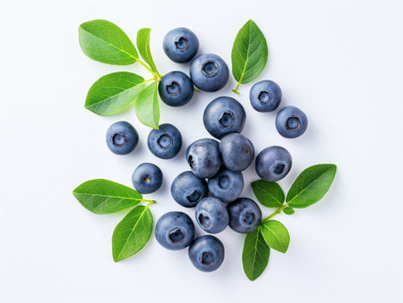 Top view of ripe blueberries and green leaves arranged on a white background, embodying freshness and healthy eating.の素材